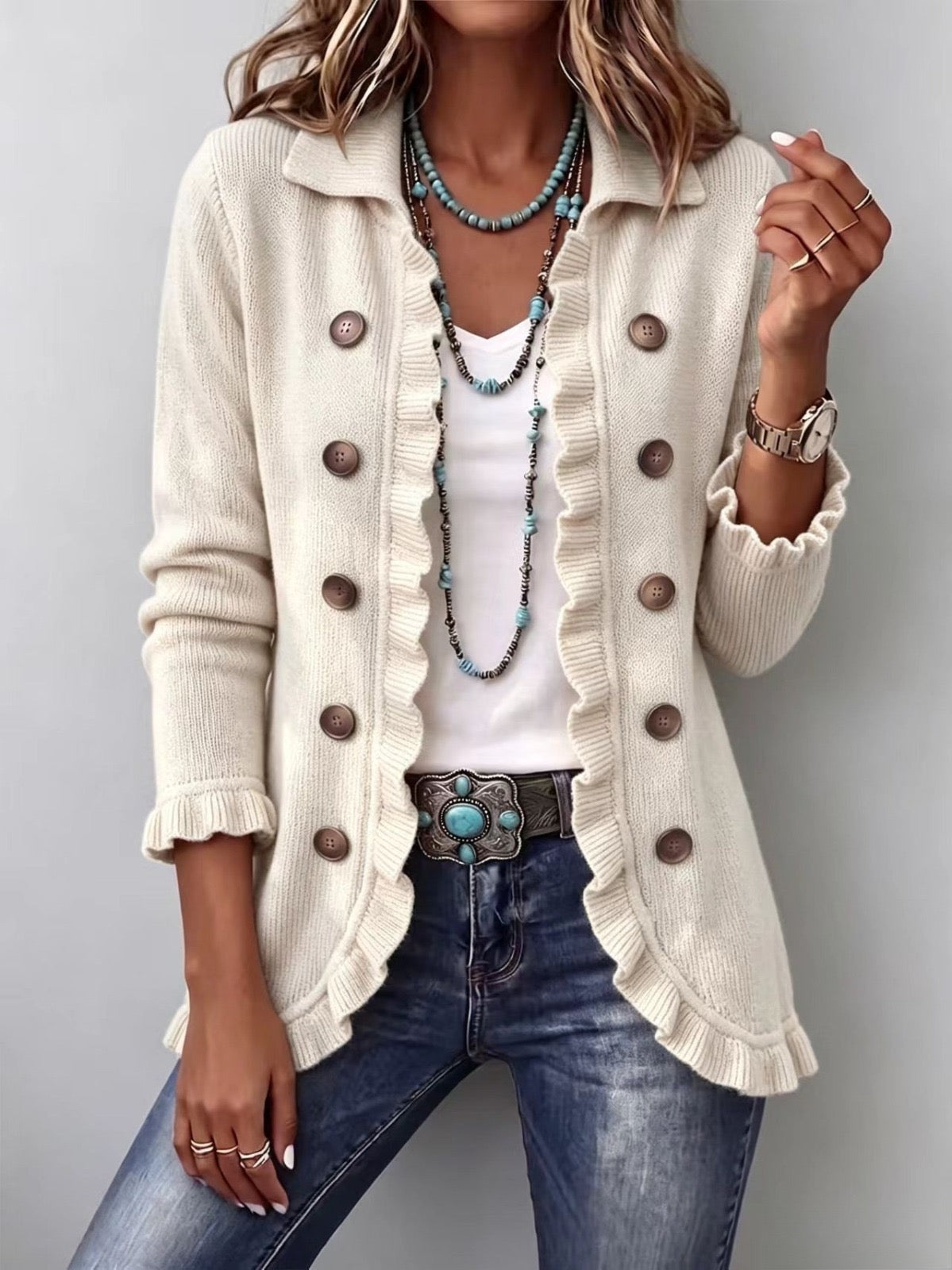 Adeline | Ivory Ribbed Knit con volant giacca