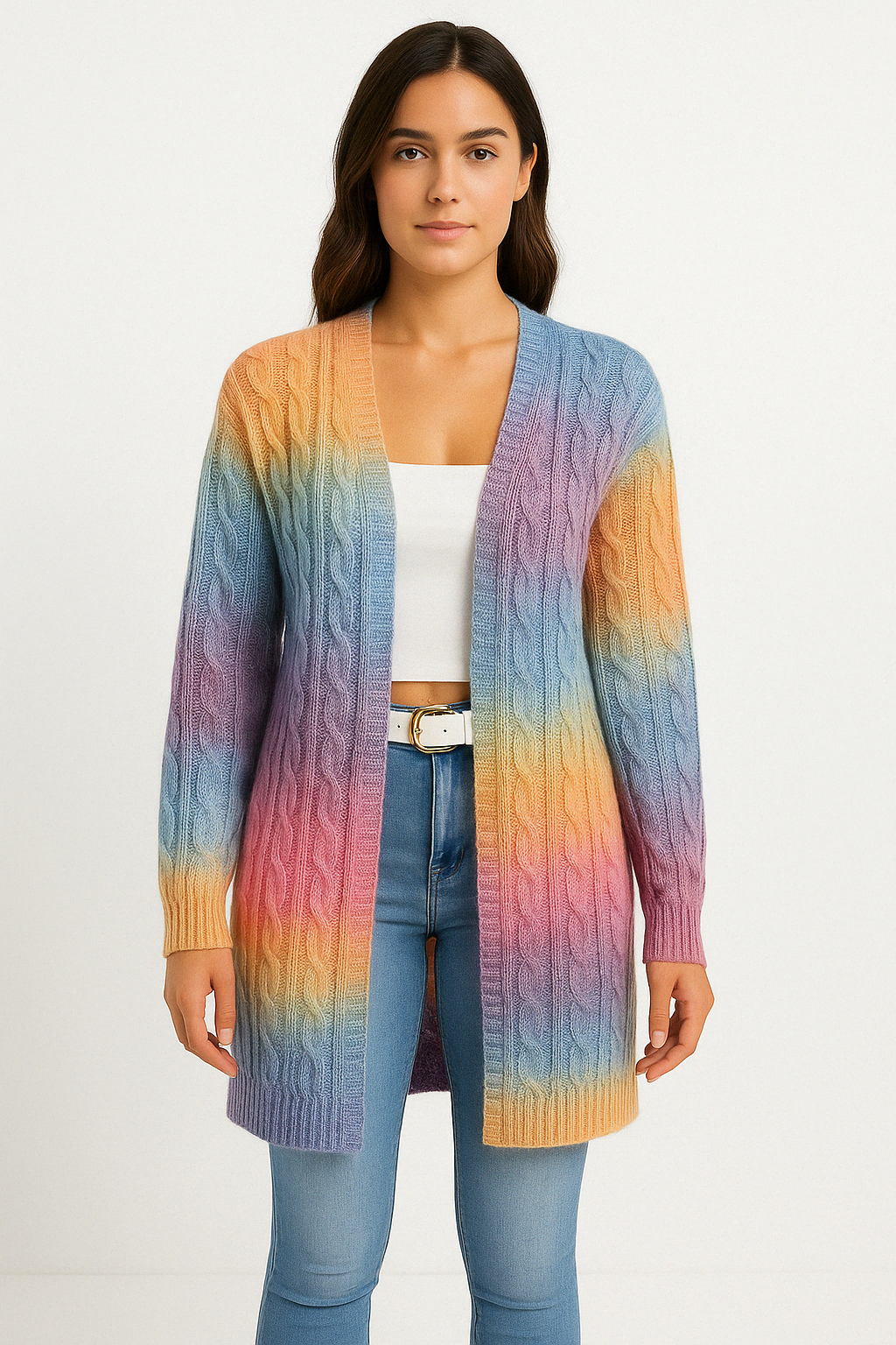 Cardigan lungo in morbida maglia aperto sul davanti