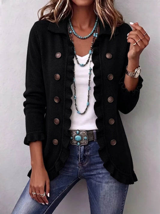 Camille | Jet Black Ribbed Knit con volant giacca