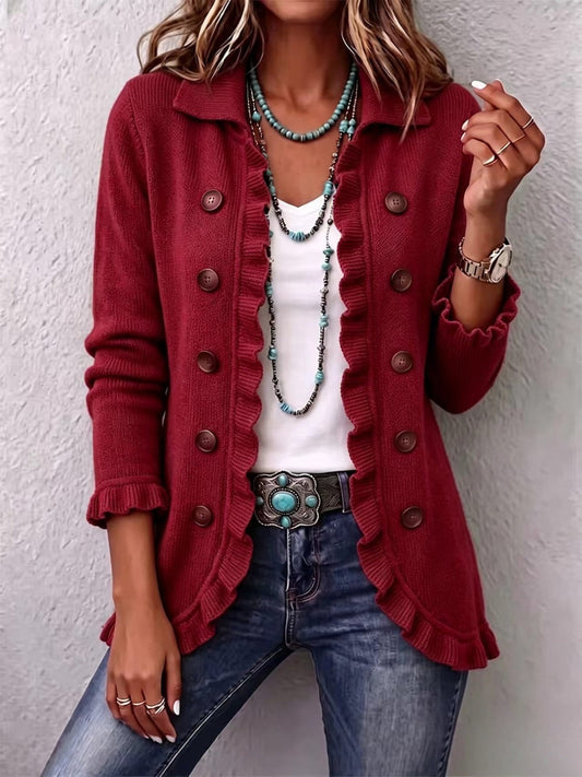 Rosalie | Ruby Red Ribbed Knit con volant giacca