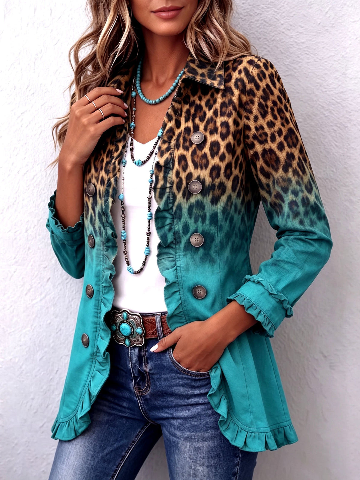 Elspeth | leopardata sfumata con volant blazer giacca